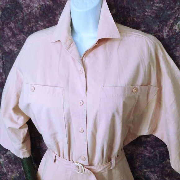 Vintage 80s Byer Too! Shirtwaist Dress -M(8) Pockets Buttons Power Shoulder Pink - Picture 4 of 14